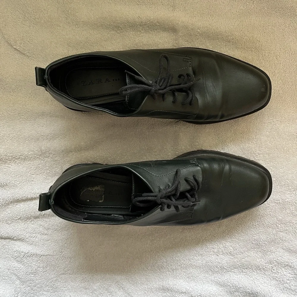 Zara TRF Shoes Women's Size 9 (EU 40)‎ Green Low Heel Chunky Derby Lace Up